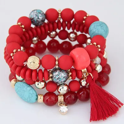 

E1498 Women Multilayer Stretch Bracelet Set Elastic Rope Strand Tassel Bracelet Bangle Bohemian Stackable Candy Bead Bracelet, Picture