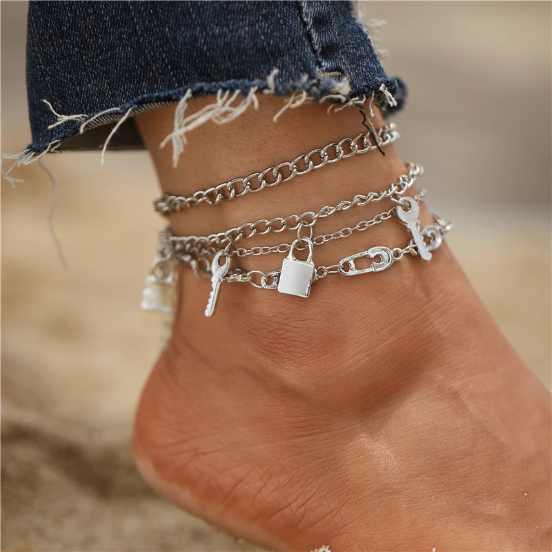 

Finetoo Punk Multilayer Silver Color Lock Key Anklets Thick Link Chain Locket Foot Chain Anklets for Women, Gold