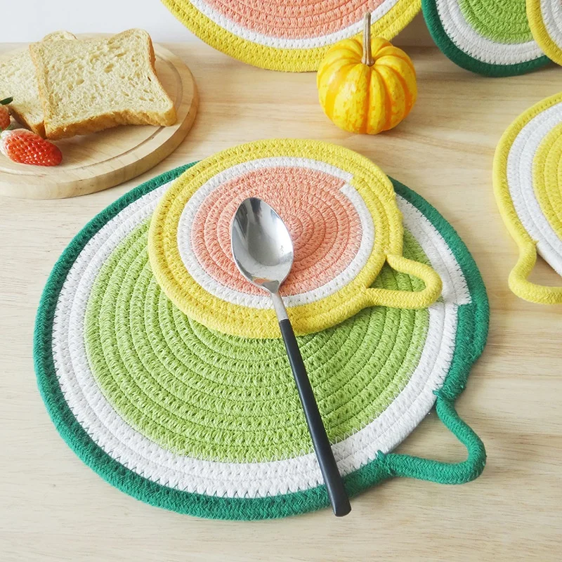 

New product Home kitchen table fruit round cotton rope woven placemat Plate Pad Heat Insulation placemats