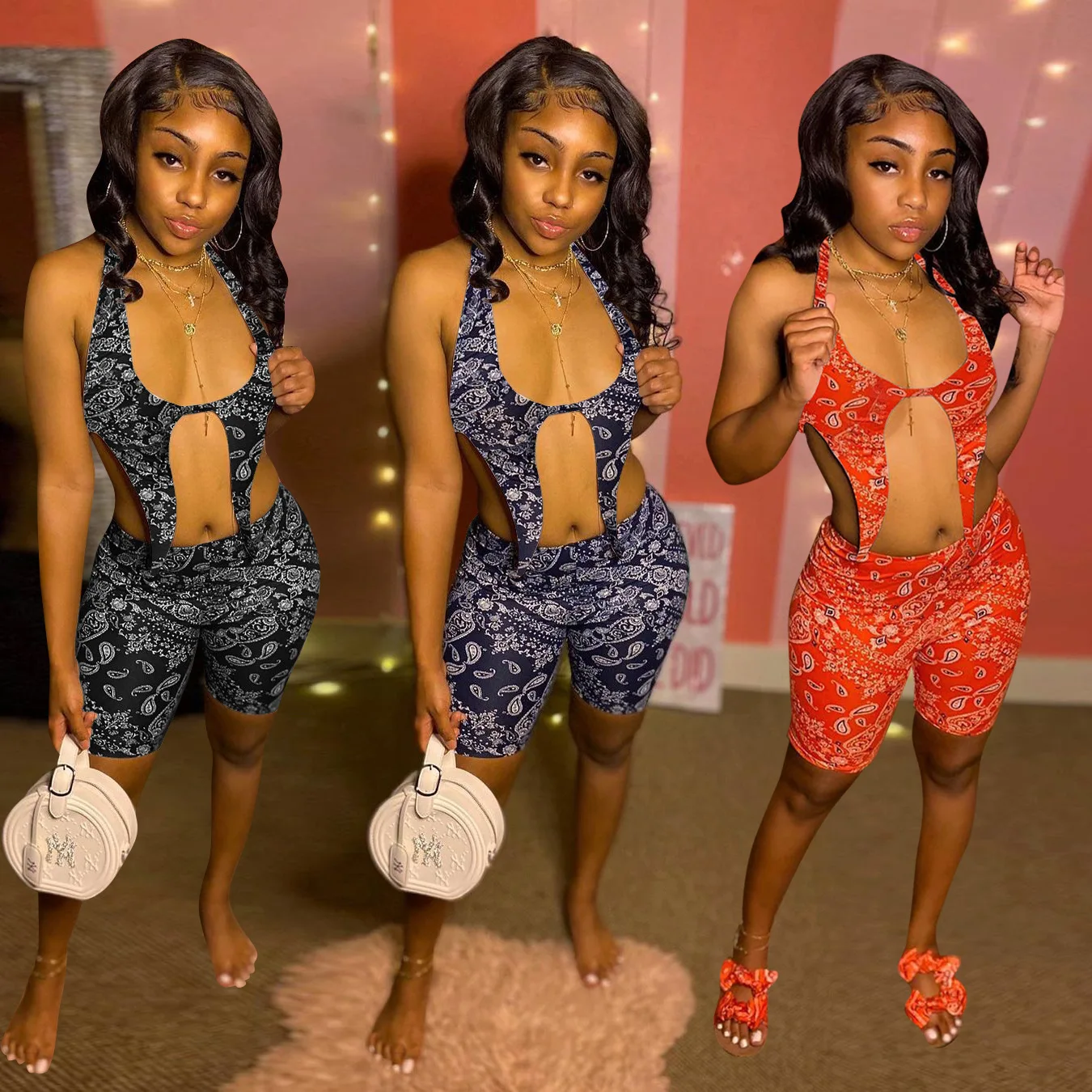 

D 2021 hot sale hot sexy halter neck tight-fitting printed tank top and shorts two-piece suit, Picture