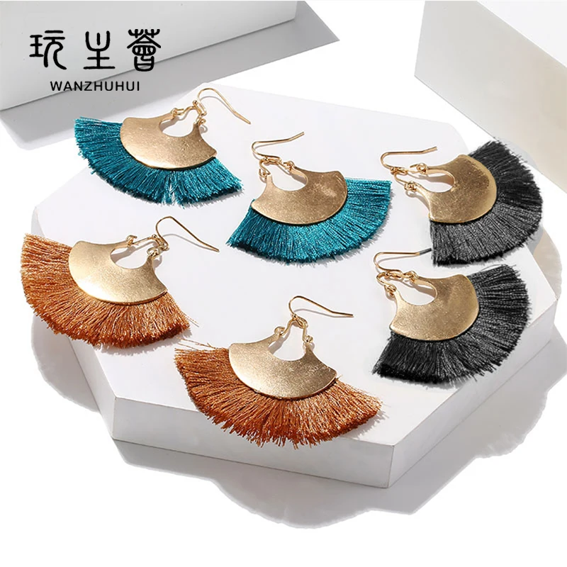 

Multi color bohemian tassel sector shape versatile ear hooks earrings, Black, brown, blue