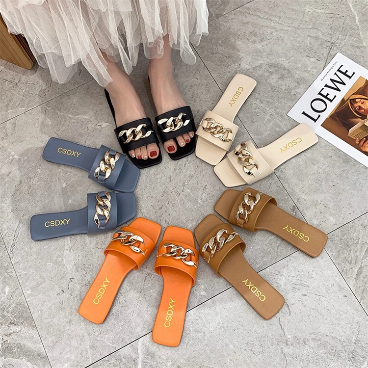 

Hot Style Cheap Fashion Minimalistic Metal Buckle Chic Sandals Flat Women Casual Ladies Slipper