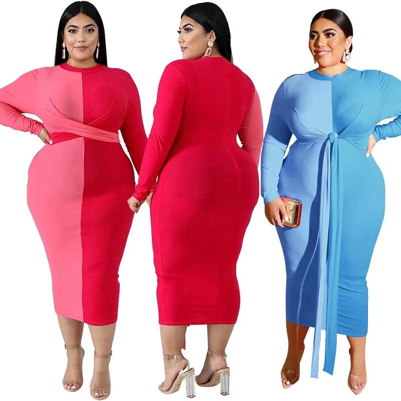 

QC-19420 Hot selling bodycon sexy bandage women dress elegant block color maxi dresses women plus size