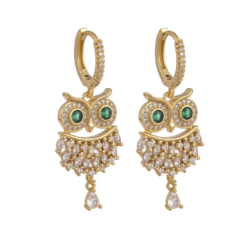 

Creative Design Shiny Gold Plated Micro Cubic Zircon Owl Drop Earrings Bling Pave Water Drop Crystal Animal Owl Huggie Earrings