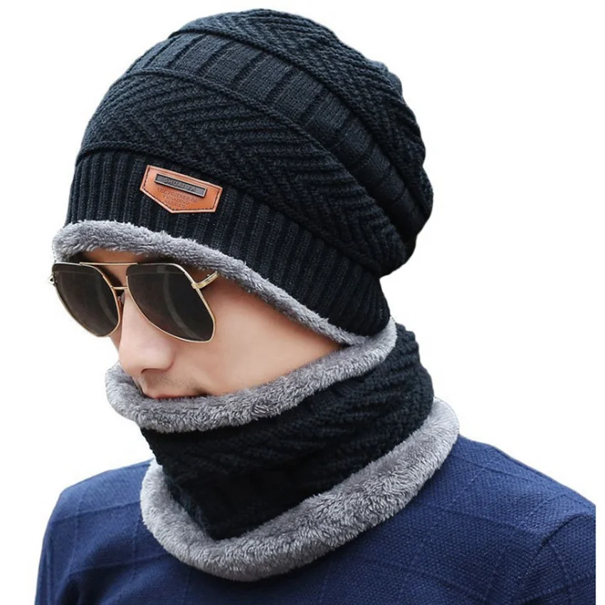 

Z34 Soft Thicken Wool Ski Hat Men Warm Hats Neck Warm Winter Wool Hat Set Women Men Beanie Knitted Cap Scarf Set