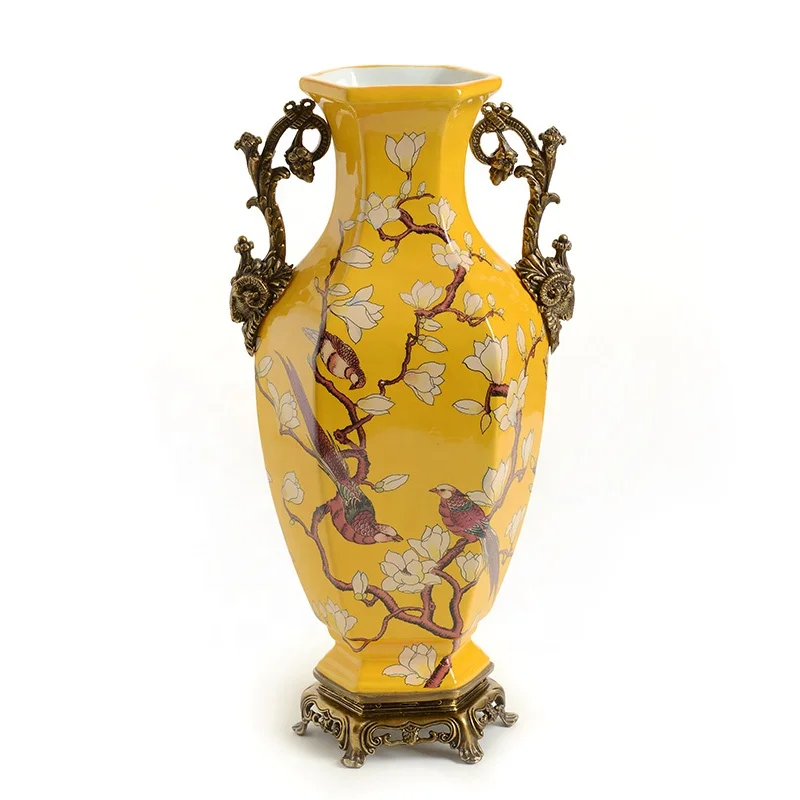 

European creative home furnishings desktop decoration yellow ceramic with copper hexagonal large vase with flowers and birds