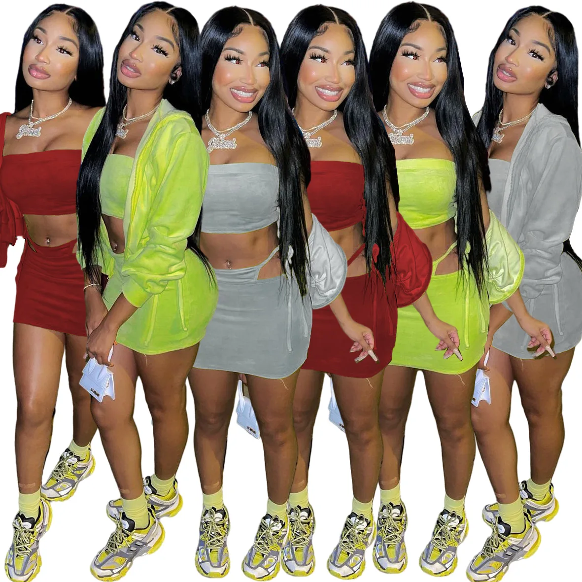 

PDEP fashion designer velvet tracksuits ladies sexy 3 pieces sets jogger zipper hoodies custom velour tracksuit women, Red,grey,green