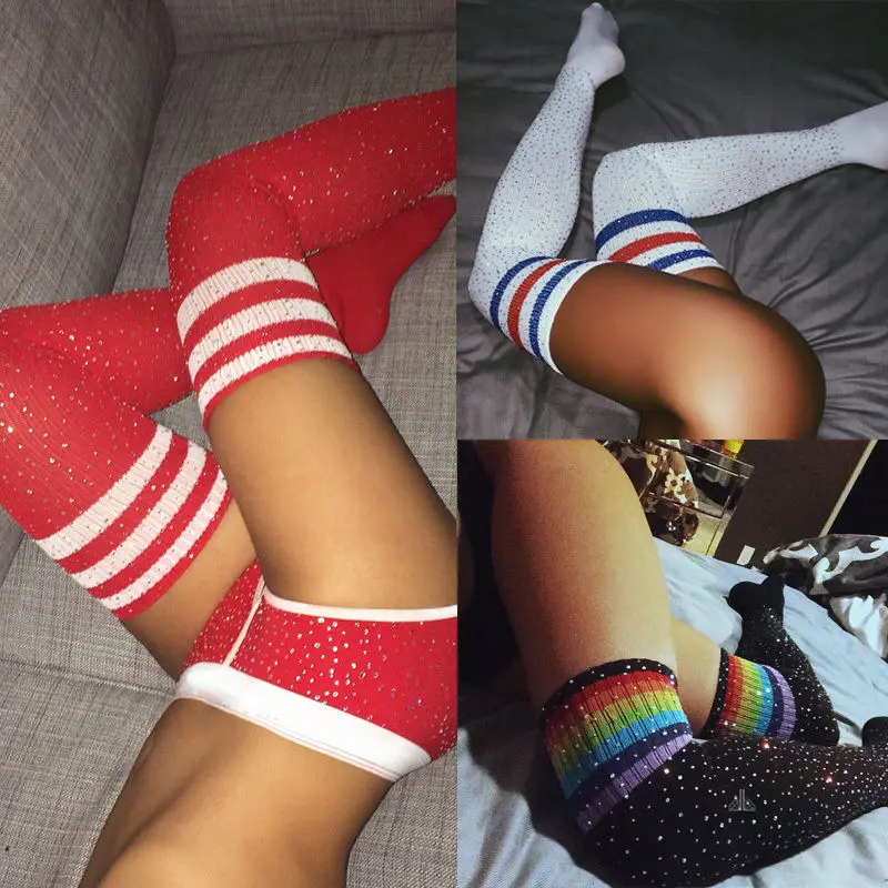 
Hot sale womens girls Fashion glittering long knee thigh high socks hot rhinestone color striped Over Knee High Socks 
