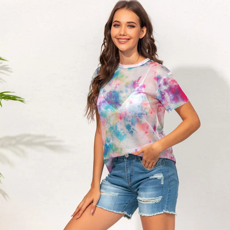 

WW-1024 Tie-dyed T-shirt Printing Jacket Round Collar Short Sleeve Perspective Print Crop Womans Tie Dye Clothing Tops Blouse, Customized color