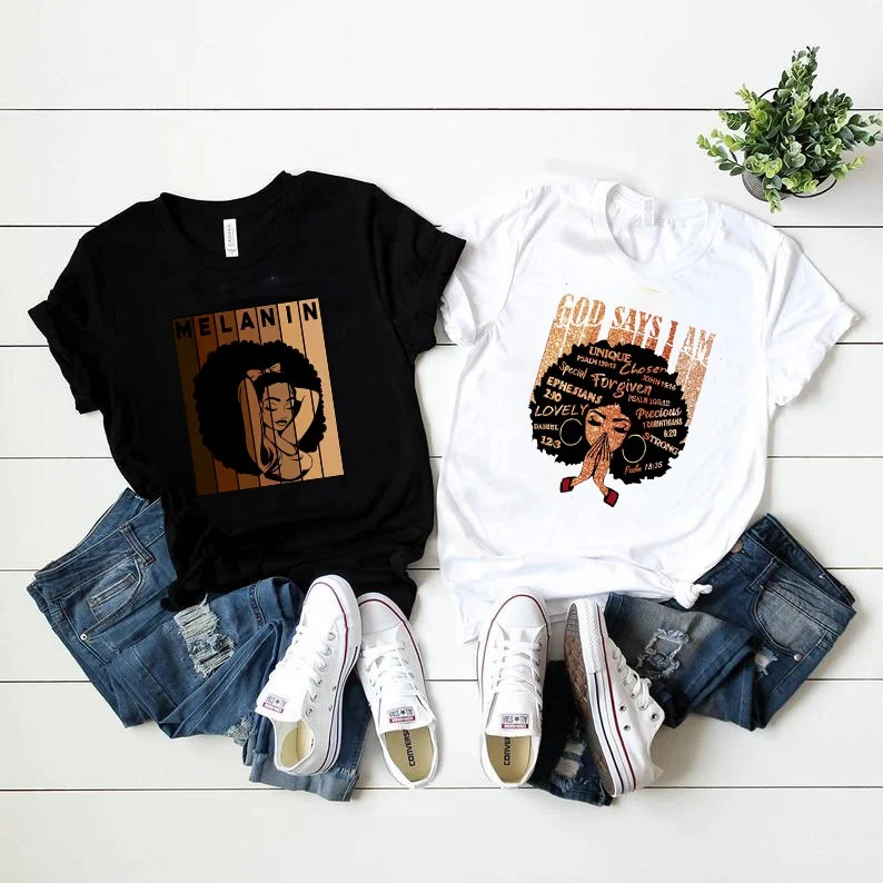 

Wholesale Woman Melanin T shirt Women Tops African Black Melanin Custom Printed T-shirt, Pictures shown