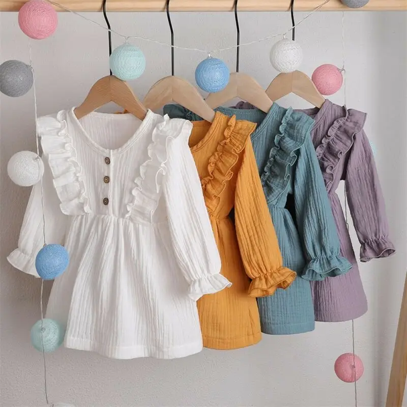 

2020 AliExpress Toddler Kids Baby Girl Autumn Dress Ruffles Long Sleeve Solid Cotton Linen Party Casual Dress Clothes for 1-6Y