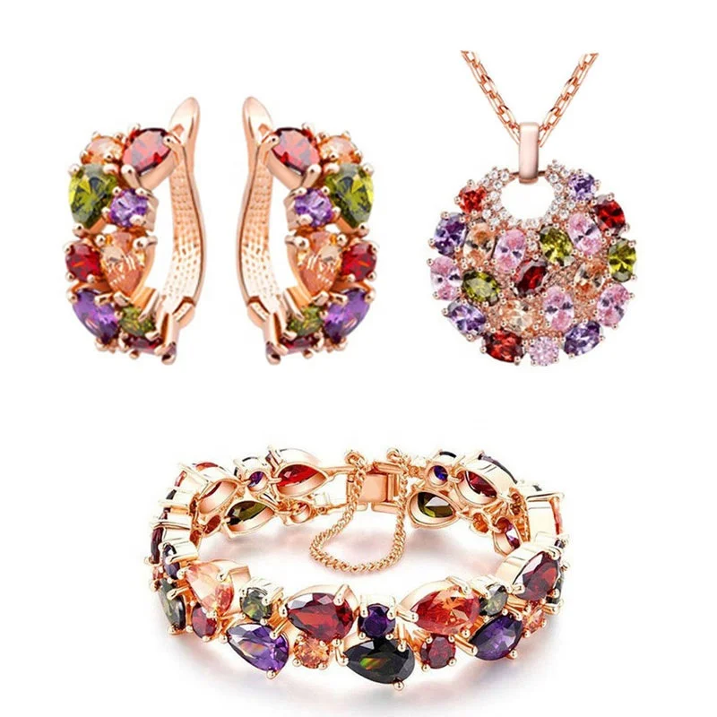 

Hot trending colorful zircon three-piece set fashion rhinestone necklace earrings bracelet dubai jewelry sets jewellery, Mix color or custom colors