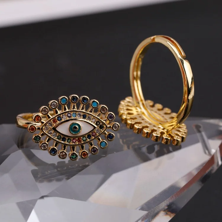 

Fashion Luxury Jewelry Gold Plated Zircon Devil Eye Rings Copper Colourful Gemstones Open Ring For Lady Party New Arrival 2021