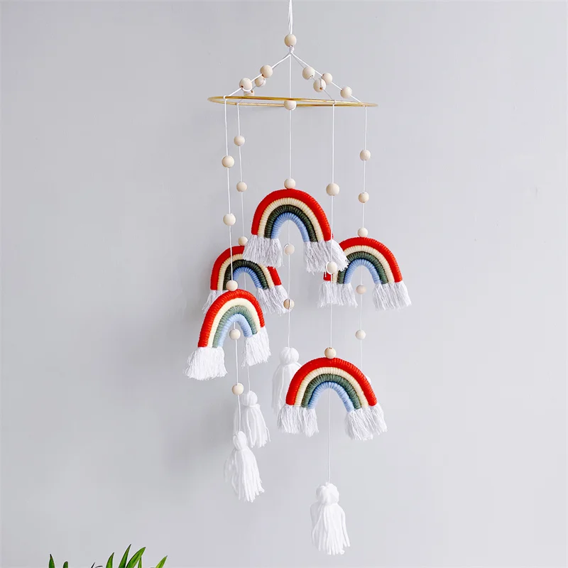 

Boho style home decoration rainbow wall hanging hand made wood beads tassel pendant for baby living room