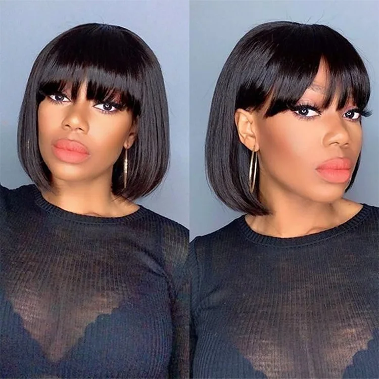 

Wholesale Virgin Straight Bob Wig With Bangs Full Machine Made Wig For Black Women Natural Color Short Cheap Human Hair Wigs