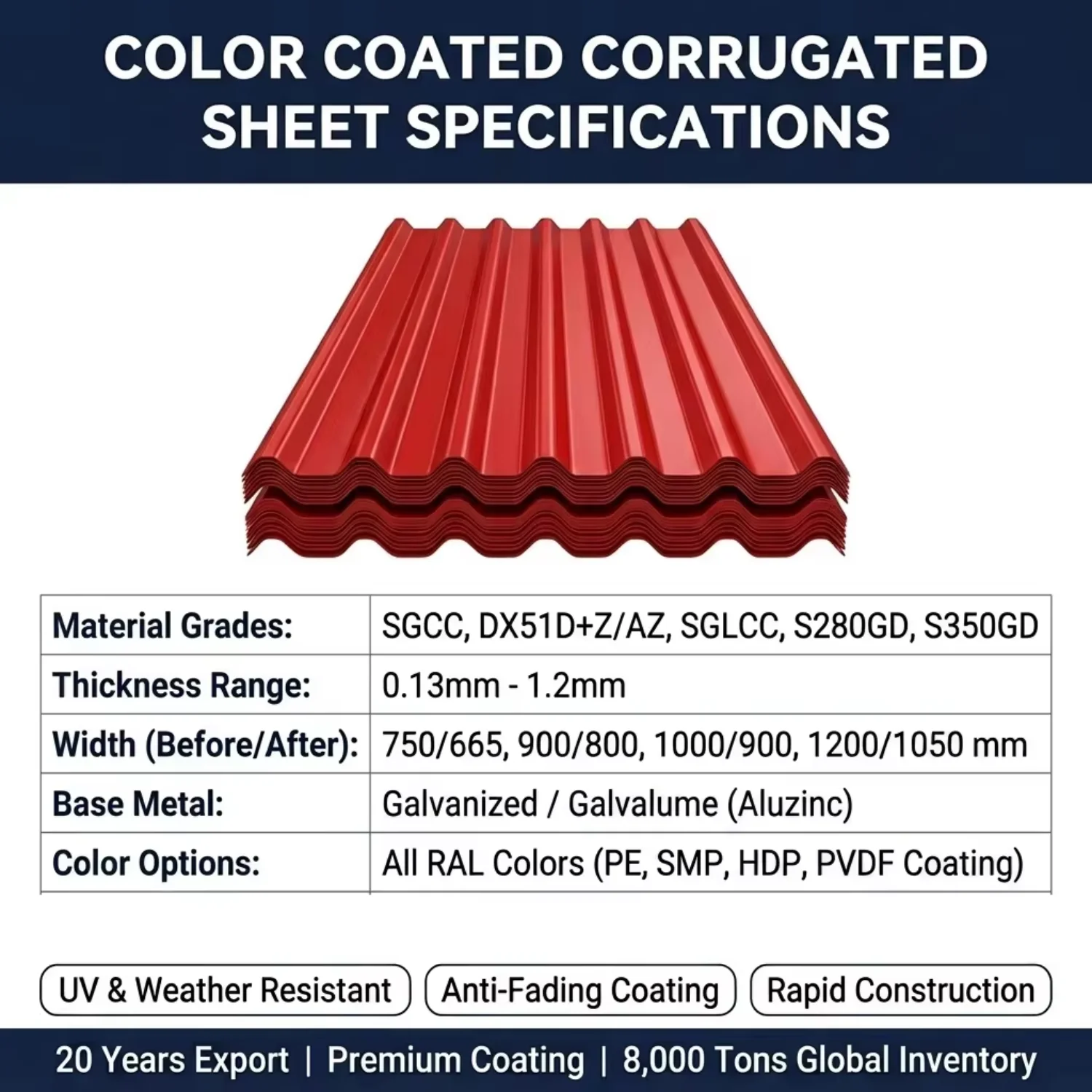 Color Coated Zinc Galvanized Metal Roofing Corrugated Steel Sheet 0.6mm