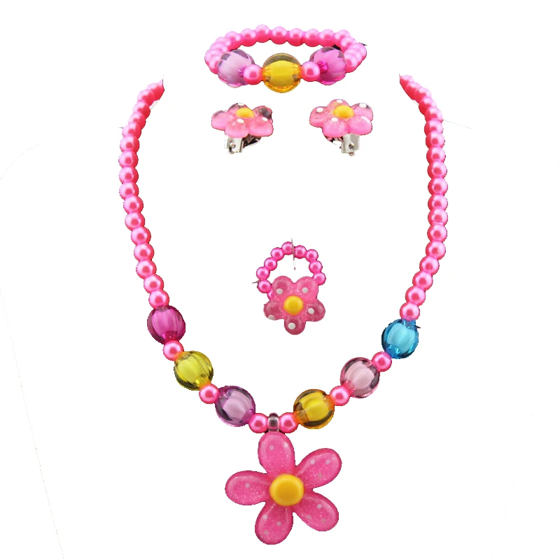 

GENYA Wholesale Children resin necklace bracelet set with 4 pieces ring earrings little girl plastic flower set, As picture