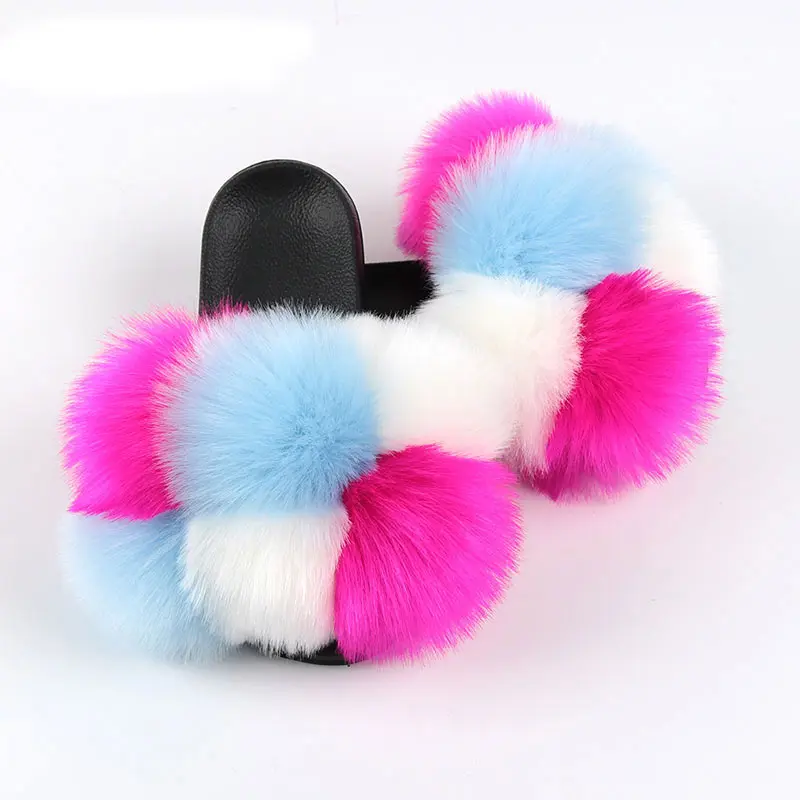 

Ladies Real Fur Fashion Mixed Color Slippers Soft Sole House Flat Shoes, Mix color
