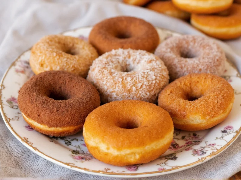 Assortment of homemade donut varieties on vintage plate