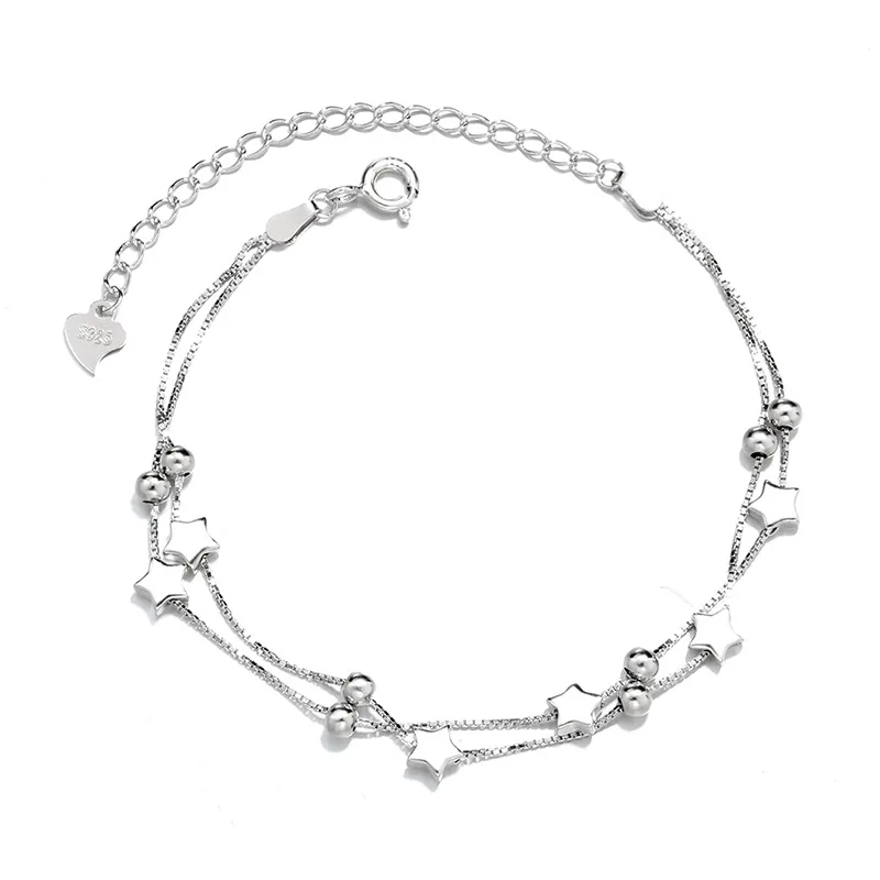 

Lucky Jewelry Adjustable Box Chain S925 Bead Star Bracelet Double Layer 925 Sterling Silver Star Bracelet For Friends