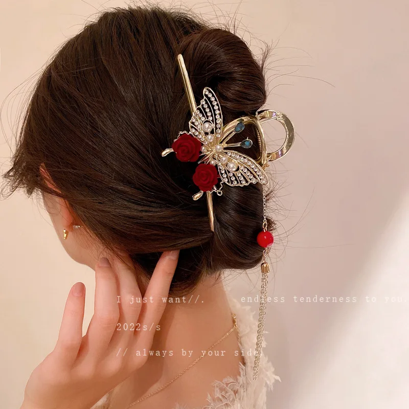 

Full Rhinestone Butterfly Shark Clip Fashion Head Ornament Hair Claw Catch Clips Back Head Pearl Hairpin