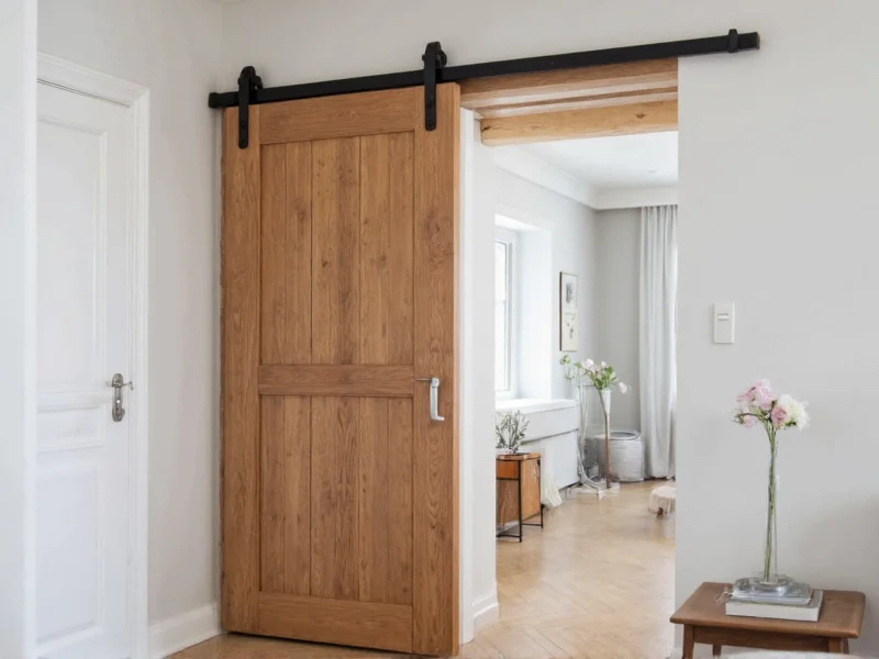 Completed rustic slab door hanging in bedroom doorway