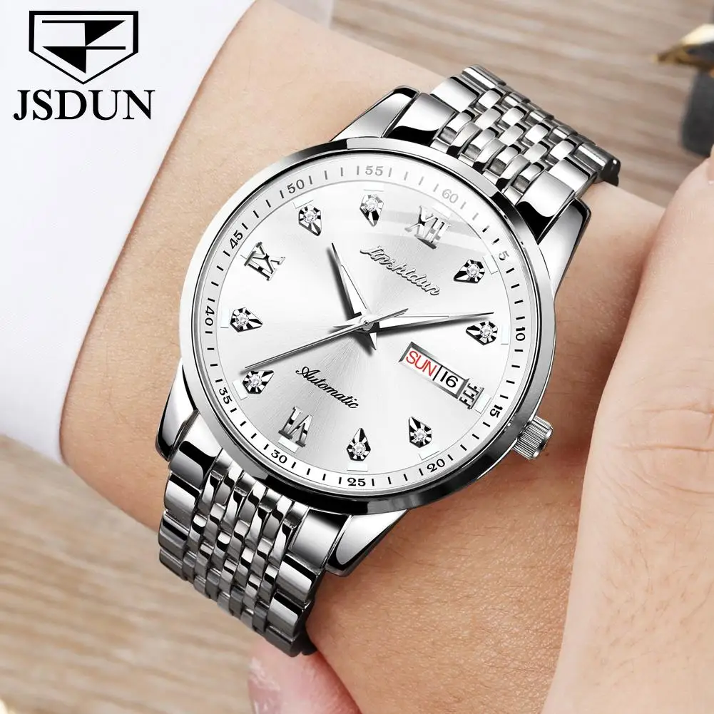 LuxuryJSDUN Brand Men Automatic Chronograph Mechanical WristWatch Water Resistant Diamond Stainless Steel Band Watch For Men