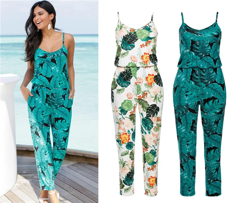 

Best Selling Beach Print Spaghetti Straps Women Casual Jumpsuits