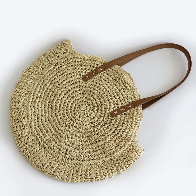 

Fashion Bali Woven Rattan Round Tote Bag Wholesale Leather Handle Woman's Beach Bag Straw, As the pic shown