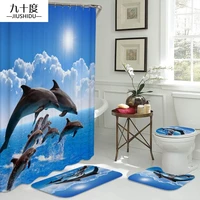

Ocean Design Dolphin 4 In 1 Waterproof Fabric Bathroom 3D Shower Curtain Set with Non Slip Toilet Cover Rugs Mat Home Decoration