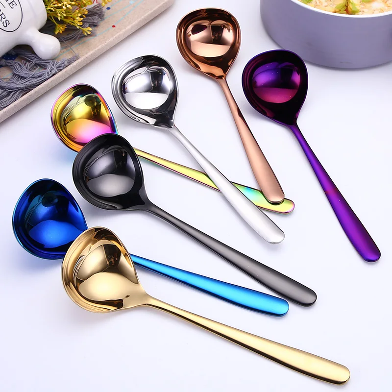 

Serving Spoon for Soup Gravy Hot Pot Ladle Deep Spoons Silverware Big Round 304 Stainless Steel Accepatable Blank/customized, Silver/gold/rose gold/rainbow/black/blue