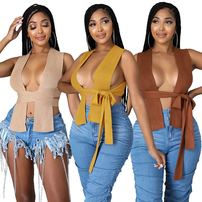 

Women's Sweaters solid sleeveless vest lace up belts sexy winter cropped sweater knitted tops