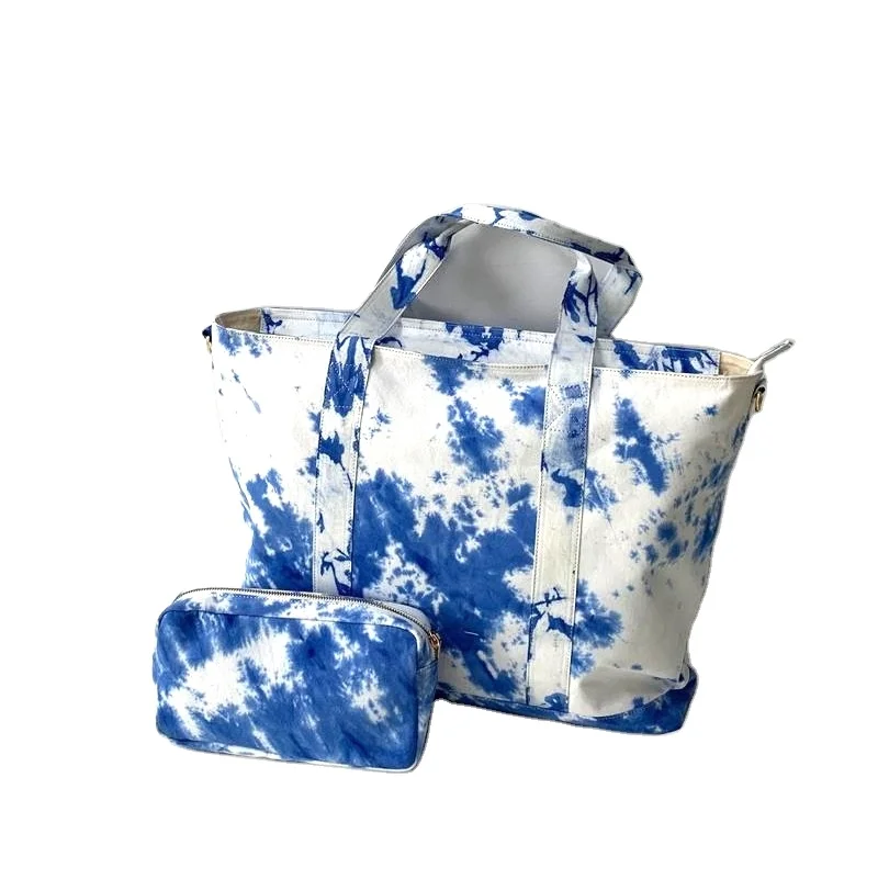 

New Popular Blue Color Ladies Tie Dye Canvas Tote Bag with Small Pouch High Quality and Fashion Canvas Bag with Long Strap
