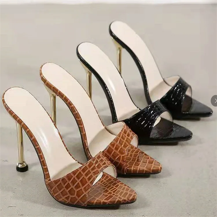 

Metallic high heel croc embossed women slippers sandals pointed peep toe lady mules summer fashion sexy female sliders