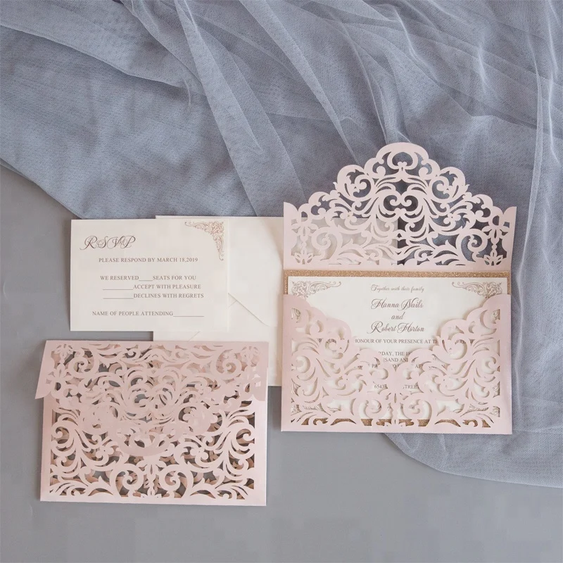 

English Hand Made Birthday Or Wedding Party Invitation Card Design customized glitter insert Laser Cut invitations