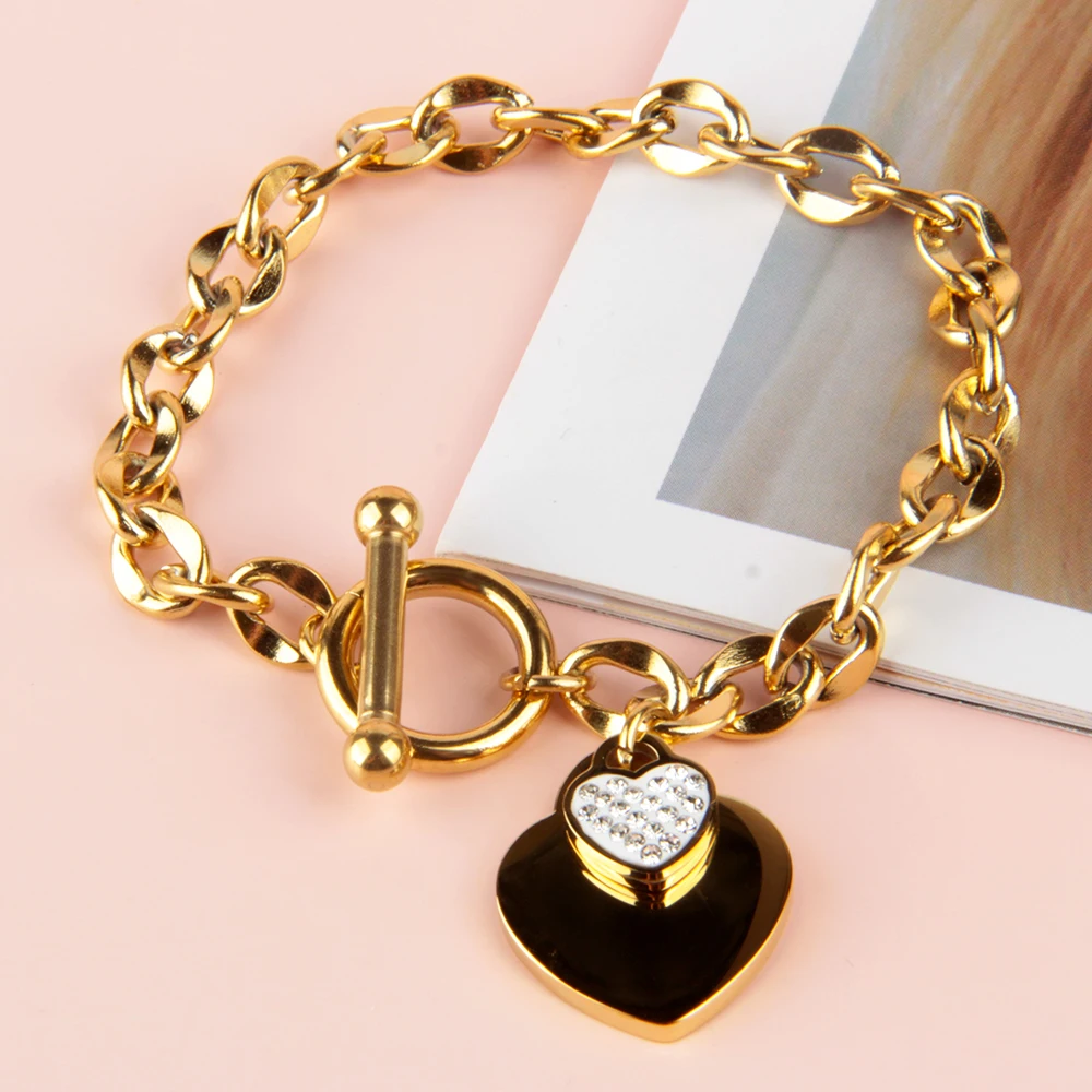 

Trendy fashion ladies party gifts accessories Stainless steel chain pendant inlaid diamond heart-shaped gold bracelet