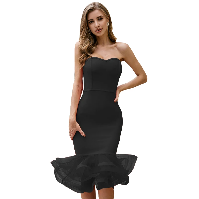 

2020 Spandex Bandage Mermaid Prom Dress Black Mesh Bodycon Mini Gown Dress