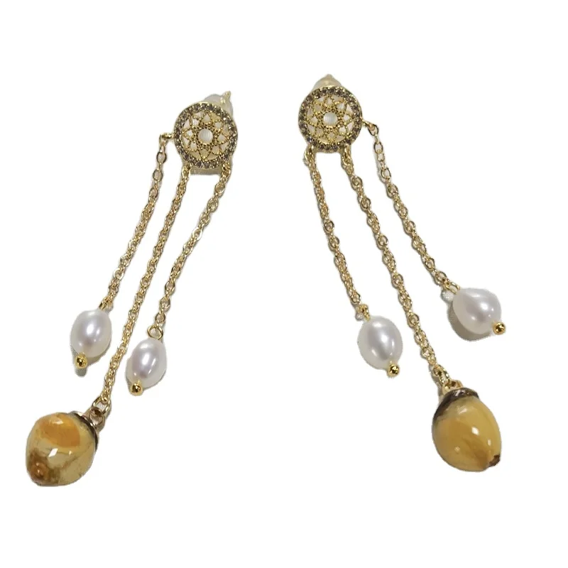 

E458 In Stock Gold Plated yellow rose flower temperament girl long pearl drop earing
