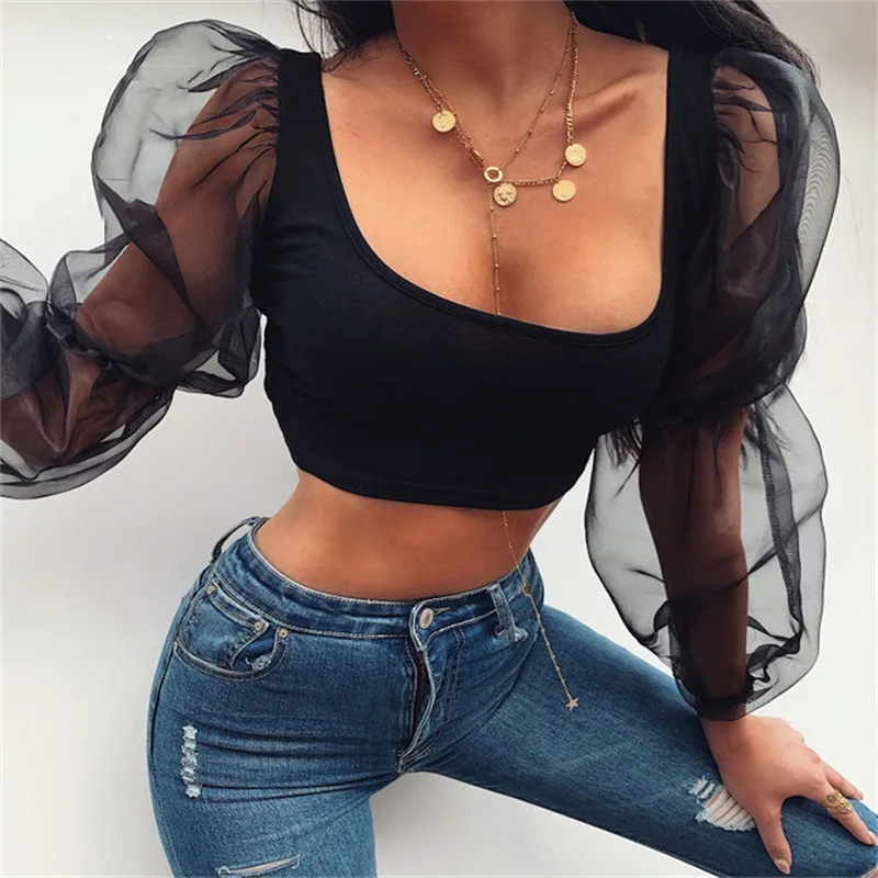 

2021 Women Summer Puff Sleeve Mesh Crop Tops Ladies U-neck long sleeve vest T Shirts Tops Blank Shirts Office Sexy Blouses