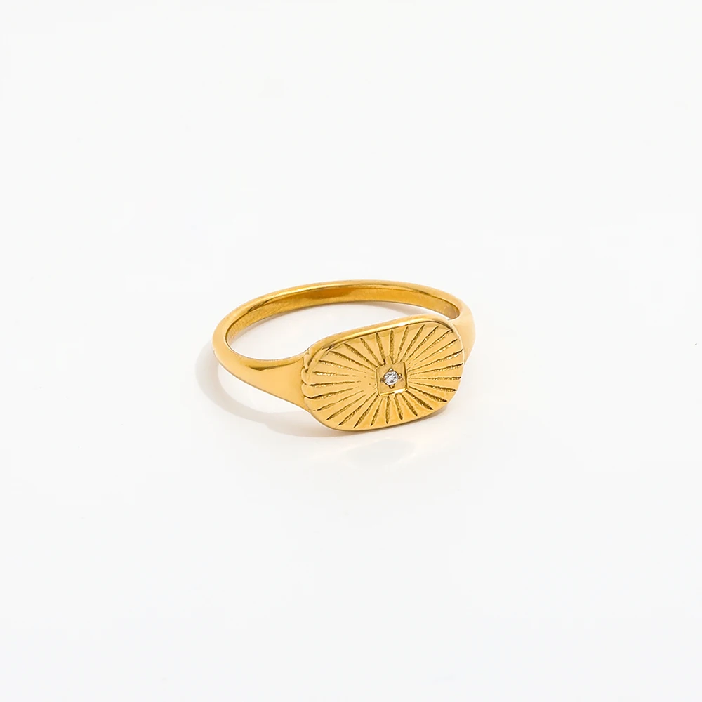 Joolim Jewelry Wholesale 18K Gold Plated Sun Rays Burst Stainless Steel Rings for Women Statement Zircon Ring