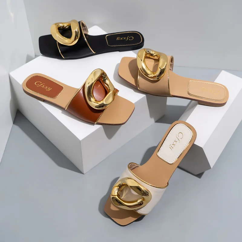 

Summer Fashion Women Slipper Flat with Metal Buckle Cool Sandals INS Outdoor Slides Slippers Women's Shoes