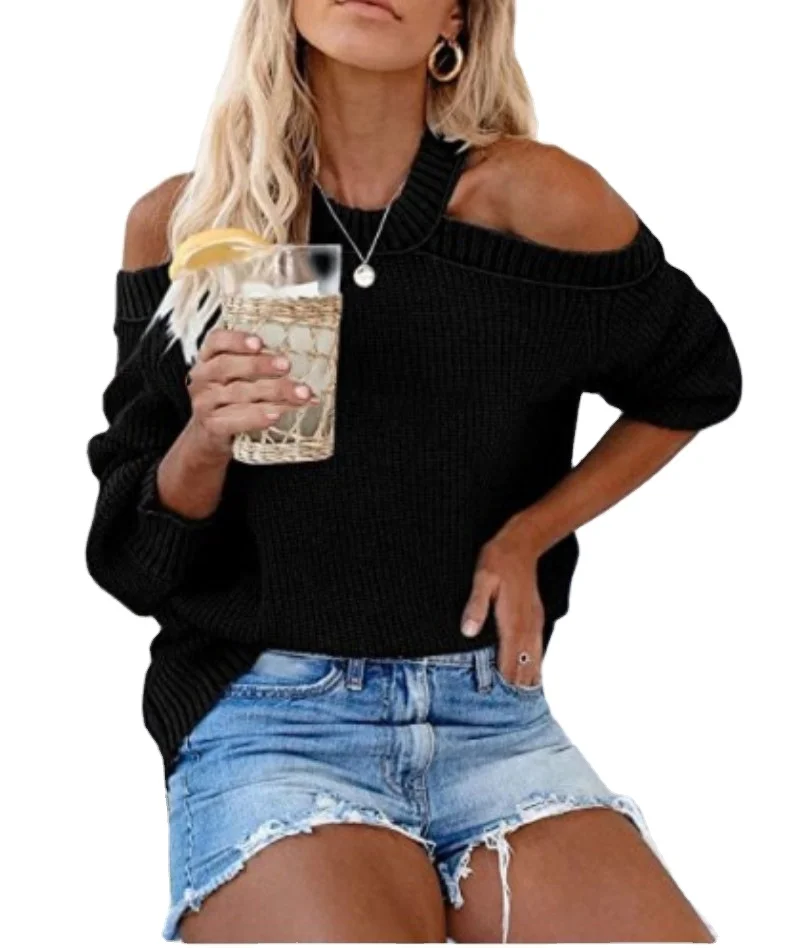 

10907-MX86 loose off shoulder backless knitted hedging pullover women's sweaters sehe fashion