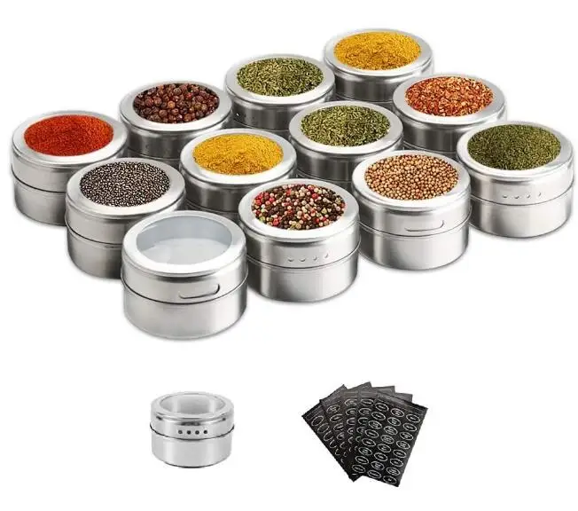 

Hot Selling Magnetic Spice Tins Stainless Steel Spice Jar Containers Seasoning Organizers with Label, Natural