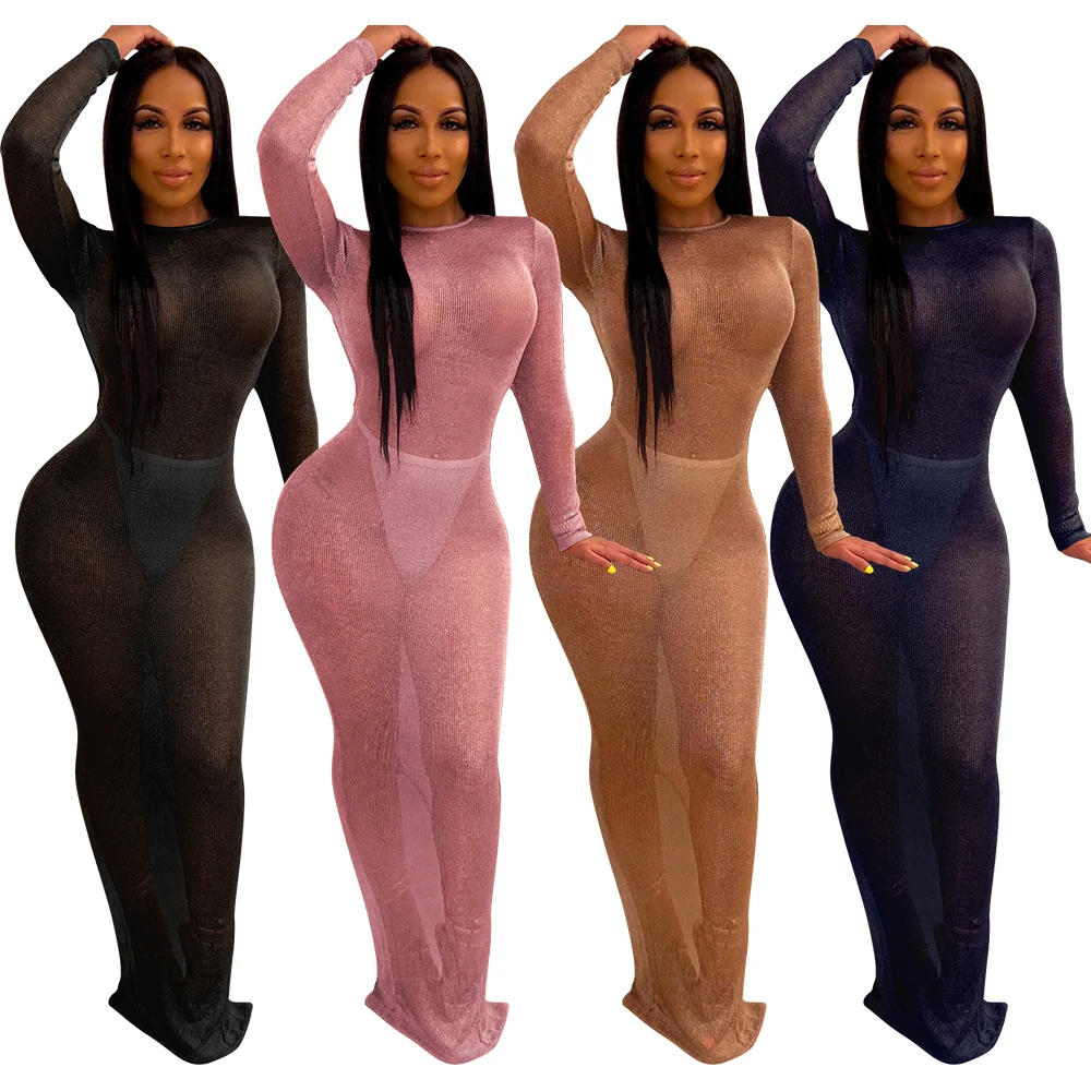 

Wholesale womens long sleeve mesh florescent see through dress night sexy hollow out backless dresses