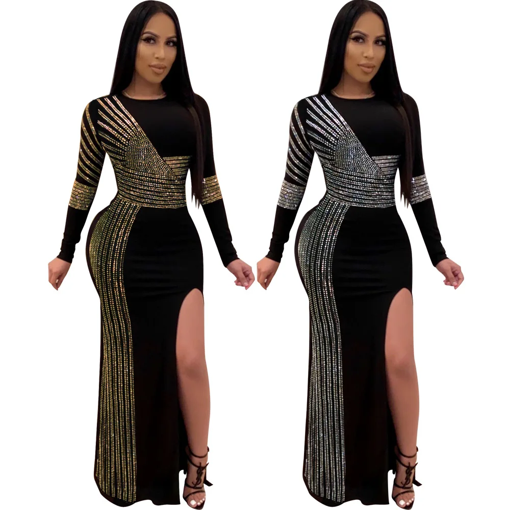 

Wholeslae Hot drilling Nightclub 3xl Plus Size Dress Fashion O Neck Casual Dress Sexy Split Bodycon Beads Evening Dress, Green