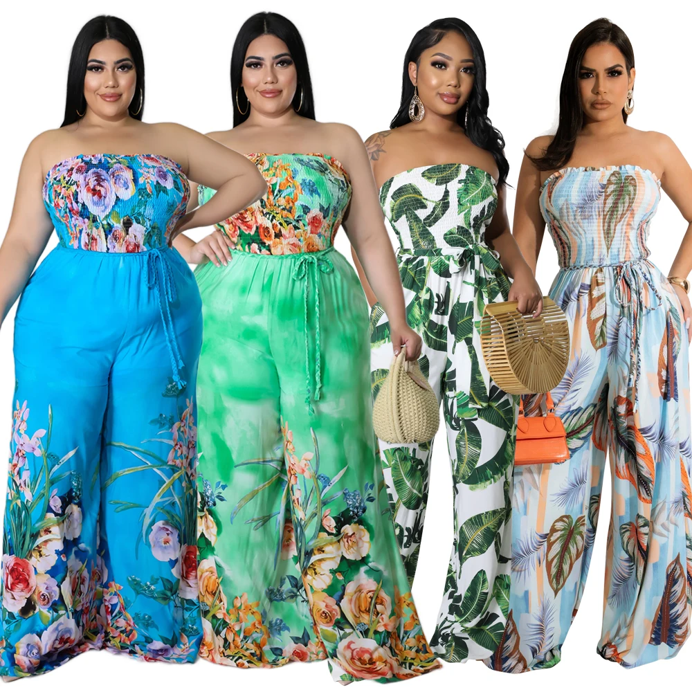 

Summer Women New Floral Print Casual Rompers Strapless Tube Top Long Loose Pants Girls Fashion Plus Size Beach Vacation jumpsuit, Customized color