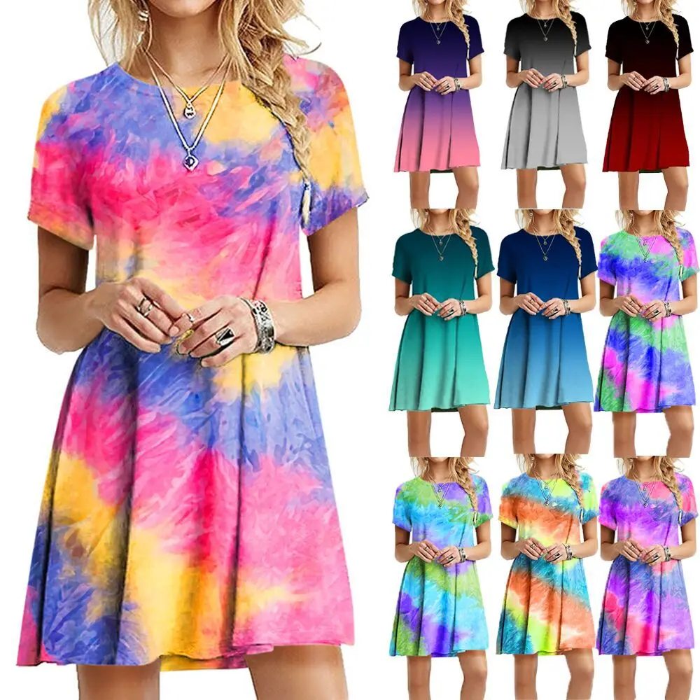 

2021 plus size 5xl loose short sleeve a-line sexy ladies clothes summer sexy tie dye long casual maxi dresses for women