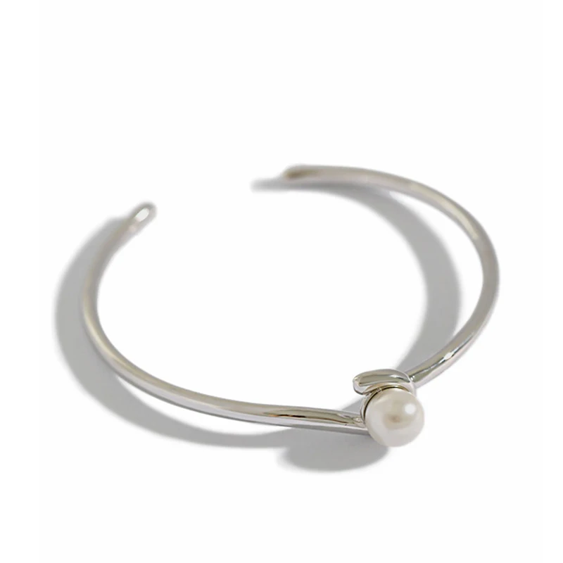 

Pearl Bracelets Dainty White Gold Pearl Cuff Open Bangle Bracelet Handmade 925 Sterling Silver Bracelet, Platinum plated