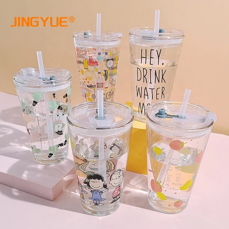 

450ml 15oz Large Capacity Heat Resistant Cute Cartoon Juice Milk Water Bottle Glass Straw Type Drinkware Glass Cups, Transparent