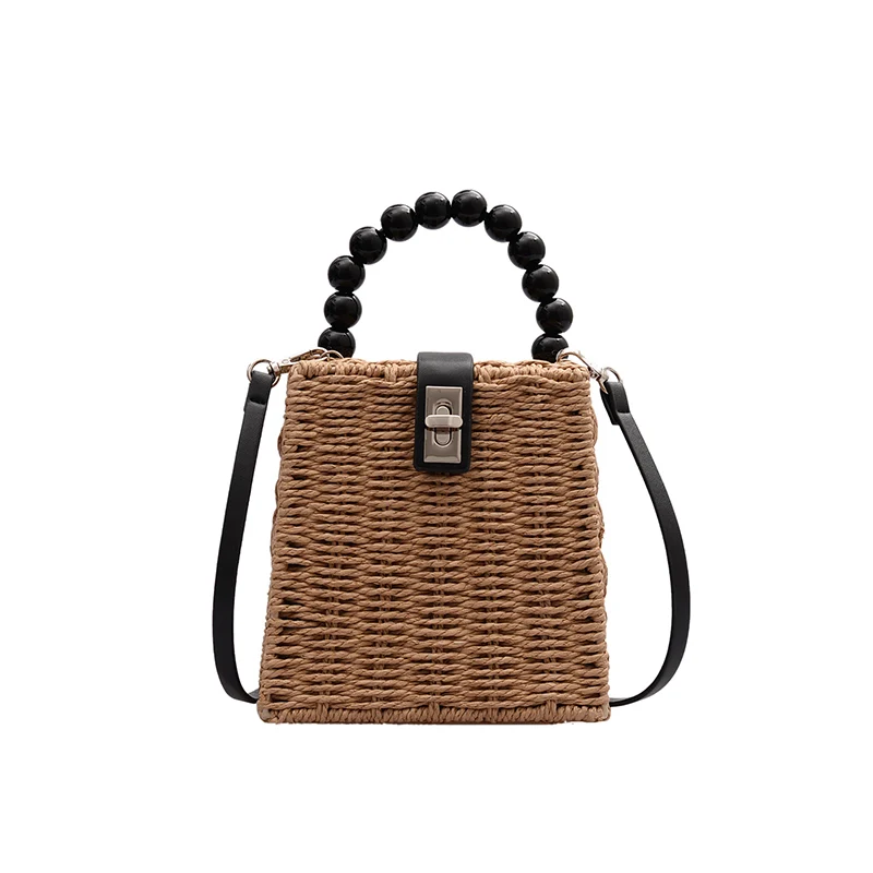 

Small Box Tote Straw Bag Handmade Women Rattan Woven Beach HandBag With Bead Handle, White,beige,yellow,blue,light khaki,dark khaki